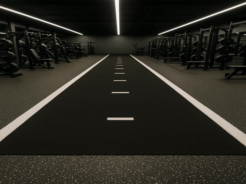 Een persoon die een sledebaan van sportschoolgras borstelt met een synthetische borstel